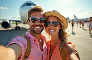 Happy couple takes selfie at airport tarmac with airplane. Traveling together on summer vacation, boarding plane, enjoying holidays, adventure. Smiling man, woman, plane, clear sky flight.
