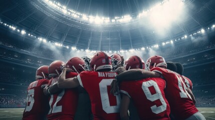 A team huddle before a playoff game starts. Featuring unity and preparation