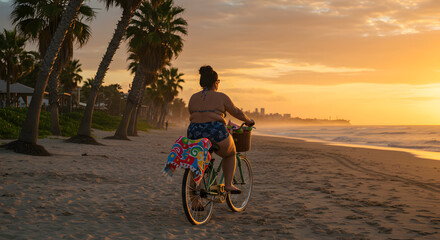 Fototapeta premium big chubby woman riding a bike on the beach generative ai