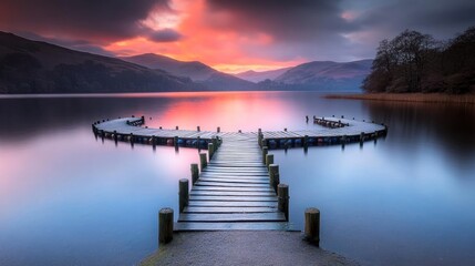 Fototapeta premium Serene sunrise over calm lake with curved wooden dock.