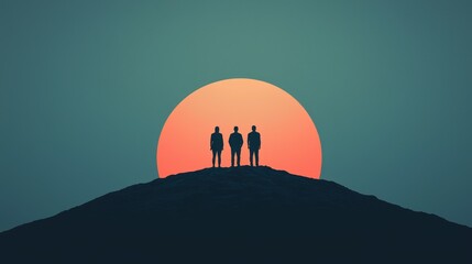 Naklejka premium Three silhouetted figures stand on a hill against a large, glowing sunset, creating a serene and contemplative atmosphere.