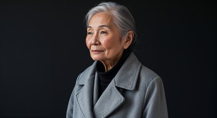 Elderly Asian woman in plain black background gray coat side view portrait