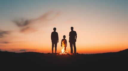Fototapeta premium Silhouettes of two adults and a child stand by a campfire at sunset, creating a warm, serene atmosphere in an outdoor setting.