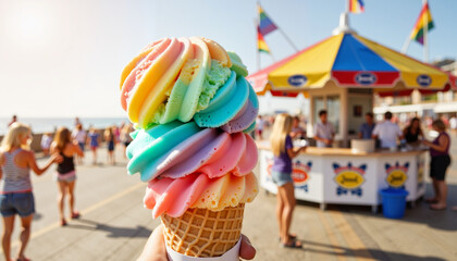 Fototapeta premium Vibrant rainbow ice cream cone held by a person on seaside boardwalk, summer delight