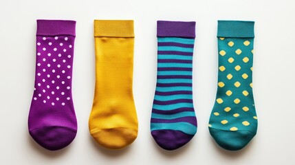 Four colorful socks with polka dots, stripes, and solid colors on white background.