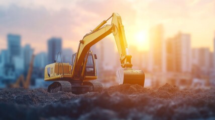 Heavy machinery operates at a construction site during sunset in an urban environment highlighting progress and development