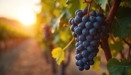 Close-up of ripe dark grapes bunch in California vineyard during sunset golden hour. Soft focus effect. Vine-growing agriculture, fruit harvesting, seasonal rural scene at grapevine plantation.