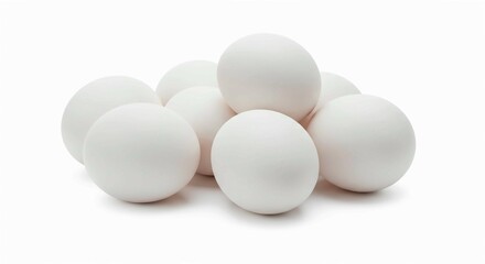 Seven white eggs, with their smooth texture and natural appeal, are arranged together in a visually pleasing composition