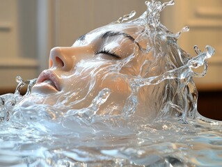 Realistic portrayal of a serene woman submerged in shimmering water, showcasing the play of light and reflections on the surface