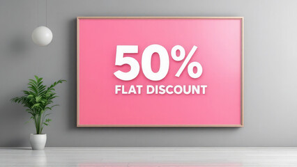A huge poster with the inscription - 50 percent flat discount On the gray wall