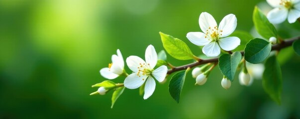 Exquisite white blooms scattered across a lush green branch with pearls, green, white