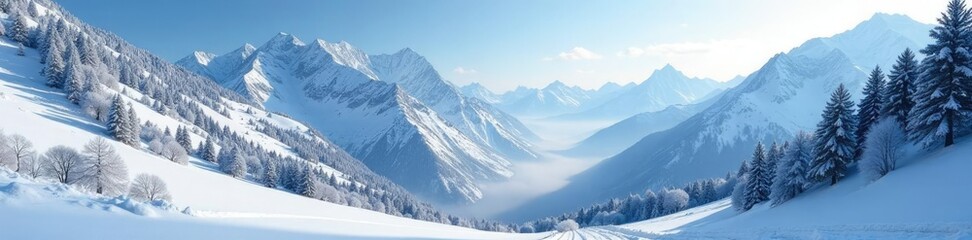 Famosa valle coperta di neve con montagne innevate sullo sfondo, mountain range, winter wonderland