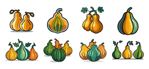 Sets icon collection of colorful collection cartoon style gourds in various shapes and sizes, including green, yellow, and orange, with some having leaves attached, arranged playfully in pairs and 