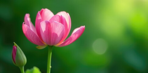 Obraz premium Delicate pink petals unfolding on a slender stem, flowers, green