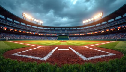 Low angle view of baseball field at dusk with dramatic cloudy sky. Home plate, infield, outfield, stadium in background. Arena with grass, dirt, lights, crowd in the stadium.