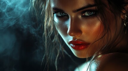 Fototapeta premium Captivating Portrait of a Confident Woman with Striking Features Against a Dramatic Background