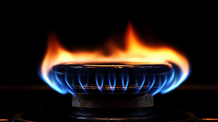 LLamas y llama azul de gas en una quemadora de cocina contra un fondo oscuro