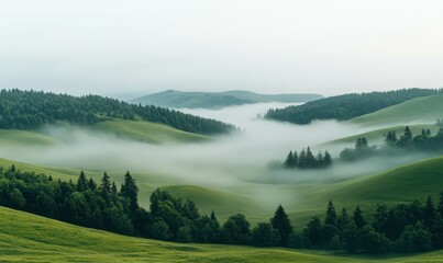 Misty Green Hills and Evergreen Trees at Dawn