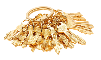 Golden keys bunch isolated on white. Useful for real estate, security, or design inspiration
