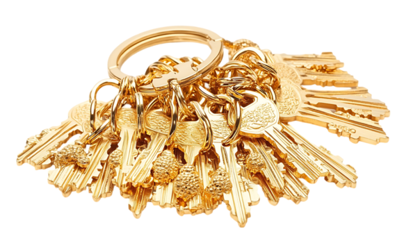 Golden keys bunch isolated on white. Useful for real estate, security, or design inspiration