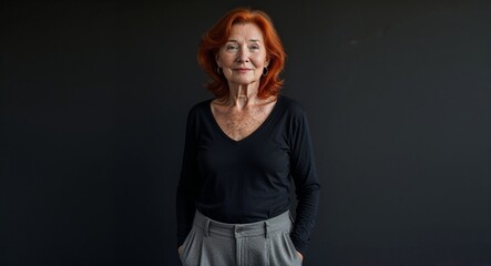 Elderly redhead woman in plain black background gray pants side view portrait
