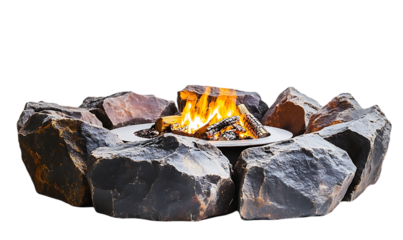 Outdoor fire pit surrounded by rocks, warm flames, perfect for evenings