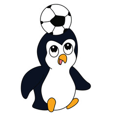 Cute cartoon hand drawn vector penguin playing with football illustration.