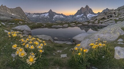Alpine lake reflecting sunset, wildflowers, mountains.