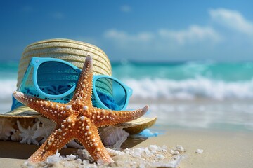 Hat, sunglasses and starfish on the beach