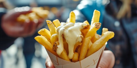 Hand holding paper cone of french fries with mayonnaise in holland