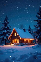 Fototapeta premium Cozy snow-covered cottage under starry night sky with twinkling Christmas lights, night, decorations, christmas