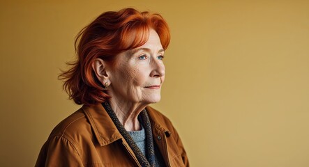 Elderly redhead woman in plain yellow background brown jacket side view portrait