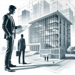 A sleek and modern illustration of an architect designing a building with blueprints and digital tools. The minimalist white background highlights architecture design and construction planning.