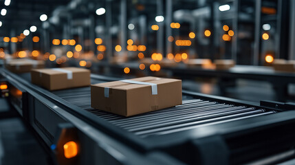 Packages on conveyor belt in distribution center with blurred lights in background
