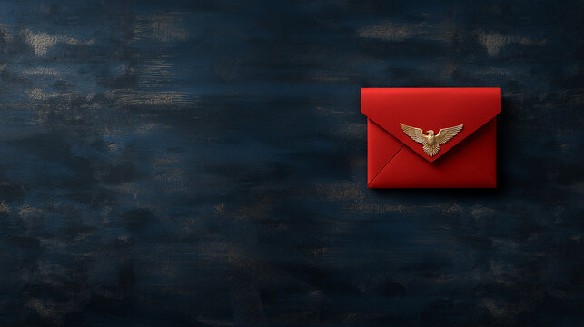 Red envelope with golden eagle emblem on dark textured background