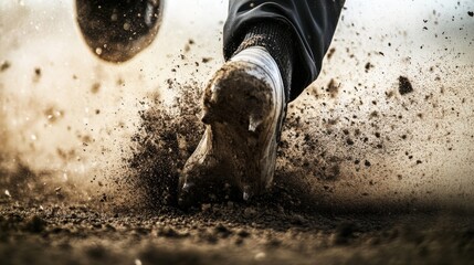 Baseball playoffs, a dramatic close-up of cleats kicking up dirt as a player sprints. Featuring playoff energy
