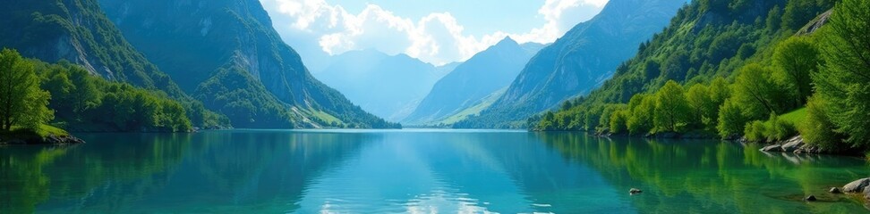 Fototapeta premium A tranquil lake nestled between majestic Swiss mountains with lush green surroundings, serene, lake