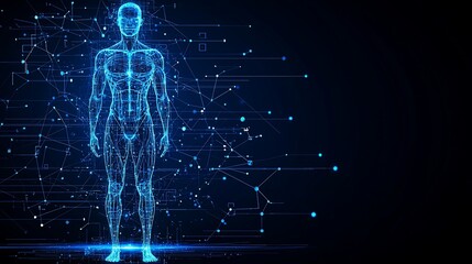 Futuristic digital human figure surrounded by abstract data visualizations and technology