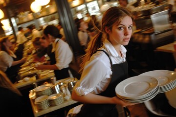 A waitress rushes between tables, balancing plates with a tired expression. The restaurant is packed with customers calling for attention, Generative AI