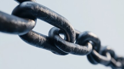 Fototapeta premium Close-up of a strong, dark metal chain, links interlocked, showing texture and strength against a light background.