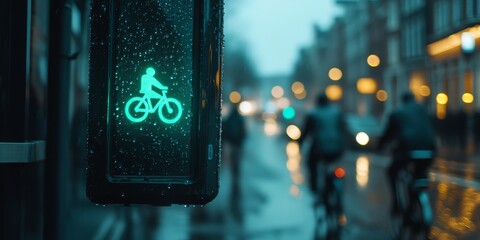 Green traffic light allowing bicycles to cross wet street in amsterdam, holland