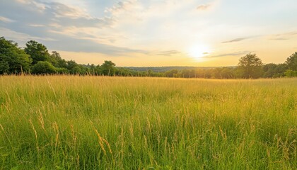 Fototapeta premium Golden Sunlight Over Grassy Field With Lush Green Trees and Blue Sky Landscape