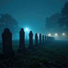 A foggy night scene with a row of gravestones and twinkling lights in the distance, distant, cemetery, spooky