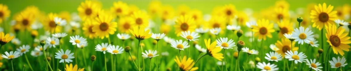 Fototapeta premium A colorful carpet of white and yellow flowers covers the green meadow, meadow flowers, sunflower field