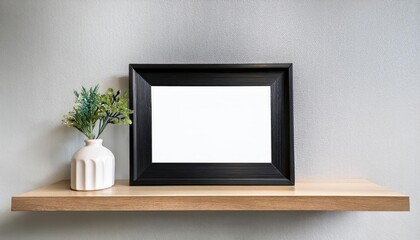 Sleek Black Minimalist Frame Mockup Against a Warm Wood Shelf, Staging Artwork in a Modern Living Room Setting