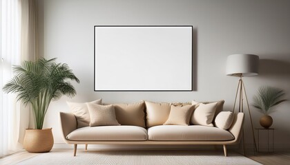 Minimalist Frame Mockup in a White Space with Beige Sofa and Lamp A Serene Scene of Modern Simplicity, Perfect for Digital Art, Home Decor, or Design Inspiration