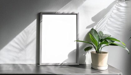 Minimalist Frame Mockup Poster with Plant Decoration Hanging Against a Clean White Wall Perfect for Digital Art, Home Decor, or Design Inspiration Radiating a Calm, Elegant Aura
