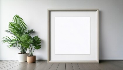 Minimalist Frame Mockup with Plant Decoration A Clean and Modern Poster against a White Wall in a Tranquil Scene, Perfect for Digital Art, Home Decor, or Design Inspiration.