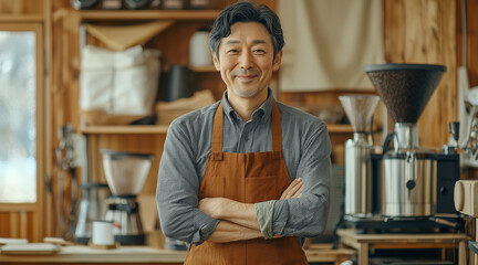 Fototapeta premium Confident Japanese owner standing at his coffee roastery 