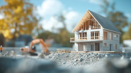 Construction site featuring a model wooden house among heavy machinery during daylight hours